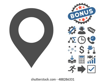 Map Marker icon with bonus pictogram. Vector illustration style is flat iconic bicolor symbols, cobalt and gray colors, white background.