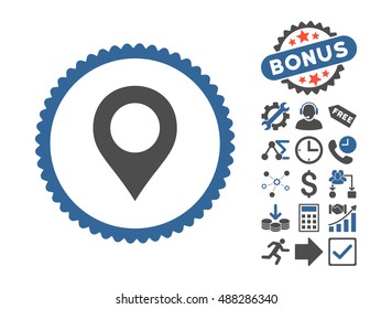 Map Marker icon with bonus pictogram. Vector illustration style is flat iconic bicolor symbols, cobalt and gray colors, white background.