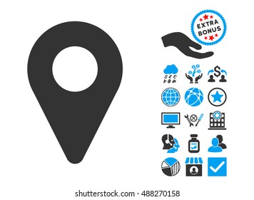 Map Marker icon with bonus pictograph collection. Vector illustration style is flat iconic bicolor symbols, blue and gray colors, white background.