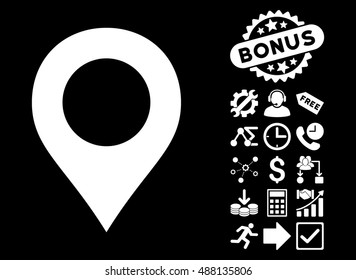 Map Marker icon with bonus pictures. Vector illustration style is flat iconic symbols, white color, black background.