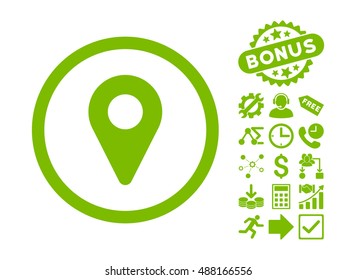 Map Marker icon with bonus pictures. Vector illustration style is flat iconic symbols, eco green color, white background.