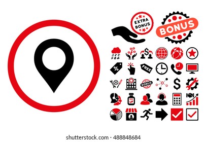 Map Marker icon with bonus symbols. Vector illustration style is flat iconic bicolor symbols, intensive red and black colors, white background.