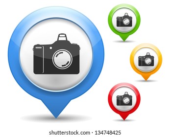 Map marker with icon of a camera, vector eps10 illustration