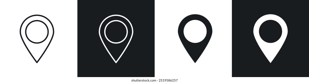 Map marker icon collection in black and white filled and stroke line style.
