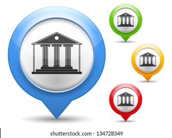 Map marker with icon of a museum, vector eps10 illustration