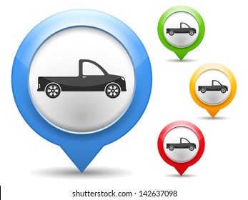 Map marker with icon of a pickup truck, vector eps10 illustration