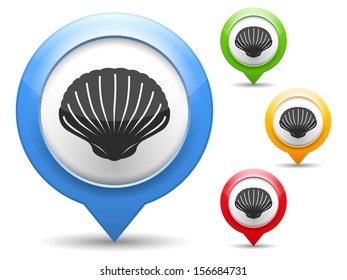 Map marker with icon of a seashell, vector eps10 illustration