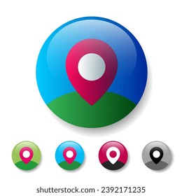 Map marker icon. Set of marker icon on different glossy buttons. Button with Map marker in green field with blue sky and different variants.