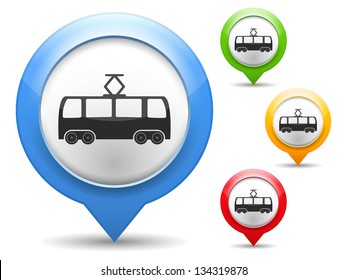 Map marker with icon of a tram, vector eps10 illustration