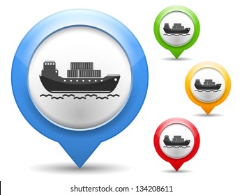 Map marker with icon of a transport barge, vector eps10 illustration
