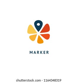 Map marker icon. Vector flat style illustration location pin logotype design. Location pin navigation logo template. Logo concept of navigator, guide, , booking hotel, Rent a Car, travel application.