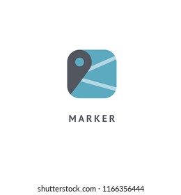 Map marker icon. Vector flat style illustration location pin logotype design. Location pin navigation logo template. Logo concept of navigator, guide, , booking hotel, Rent a Car, travel application.