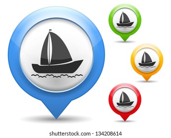 Map marker with icon of a yacht, vector eps10 illustration