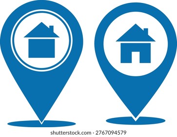 Map marker icons with house symbol. Location finder vector.