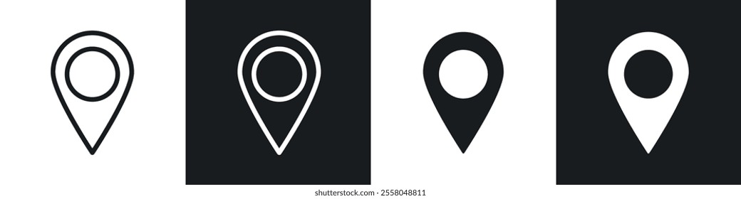 Map marker icons pack in black and white filled and outlined versions.