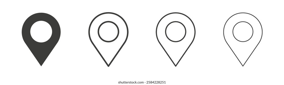 Map marker icons set. Liner outlined and flat black color