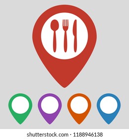 Map marker location with fork knife and spoon. Vector illustration