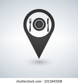 Map marker location with fork plate and knife. Vector illustration.
