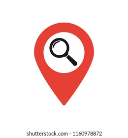 Map marker with Magnifying glass icon, map pin, GPS location symbol, vector illustration