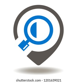 Map marker with magnifying glass icon vector. Search internet with magnifier locator logo. Web Location Navigation Symbol. Analysis and optimization sign.