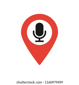 Map marker with microphone icon, map pin, GPS location symbol, vector illustration