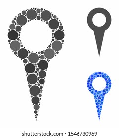 Map marker mosaic of filled circles in various sizes and color hues, based on map marker icon. Vector random circles are organized into blue mosaic. Dotted map marker icon in usual and blue versions.