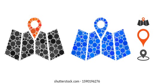 Map marker mosaic of filled circles in various sizes and color hues, based on map marker icon. Vector small circles are combined into blue composition.