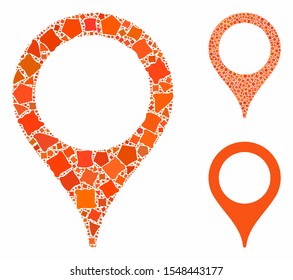 Map marker mosaic of rough pieces in different sizes and color tints, based on map marker icon. Vector abrupt pieces are organized into collage. Map marker icons collage with dotted pattern.