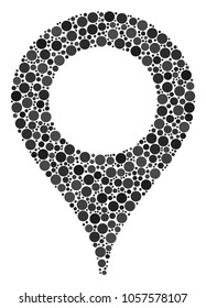 Map Marker mosaic of round dots in variable sizes and color shades. Circle elements are united into map marker vector collage. Vector illustration.