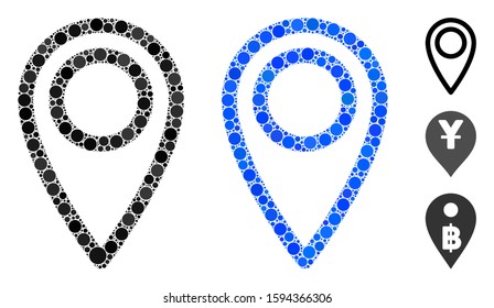 Map marker mosaic of round dots in variable sizes and color tones, based on map marker icon. Vector round dots are organized into blue illustration. Dotted map marker icon in usual and blue versions.