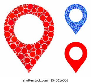 Map marker mosaic of small circles in variable sizes and color tones, based on map marker icon. Vector filled circles are grouped into blue mosaic. Dotted map marker icon in usual and blue versions.