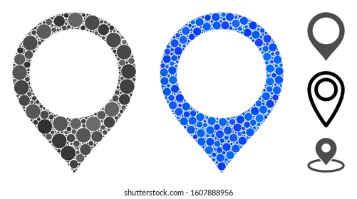 Map marker mosaic of small circles in various sizes and color tones, based on map marker icon. Vector small circles are combined into blue illustration.