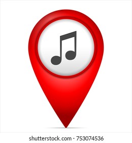 Map marker with music symbol on a white background.