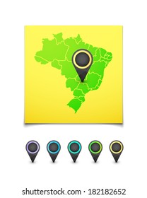 Map with a marker on Brazil, vector background illustration