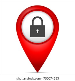 Map marker with padlock symbol on a white background.