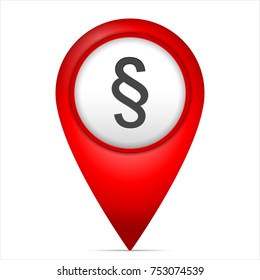 Map marker with paragraph symbol on a white background.