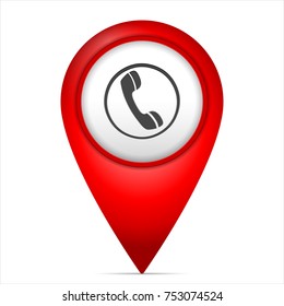Map marker with phone symbol on a white background.