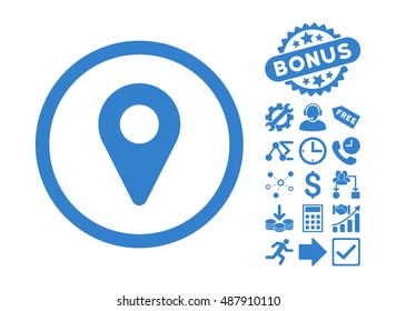 Map Marker pictograph with bonus design elements. Vector illustration style is flat iconic symbols, cobalt color, white background.