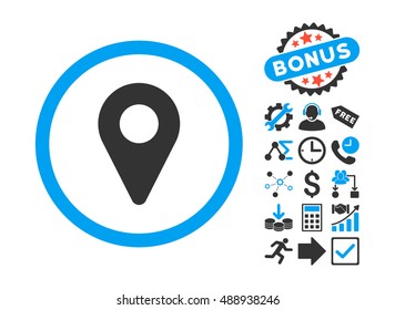 Map Marker pictograph with bonus design elements. Vector illustration style is flat iconic bicolor symbols, blue and gray colors, white background.