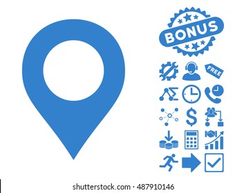 Map Marker pictograph with bonus icon set. Vector illustration style is flat iconic symbols, cobalt color, white background.