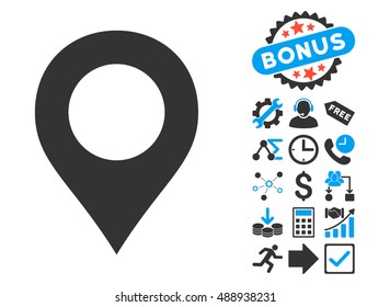 Map Marker pictograph with bonus icon set. Vector illustration style is flat iconic bicolor symbols, blue and gray colors, white background.