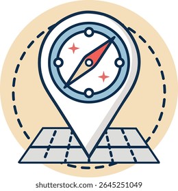 “Illustration of a map marker pin with a compass inside, set on top of a folded map. Flat design vector concept representing navigation, location, and travel guidance, with soft pastel tones and.