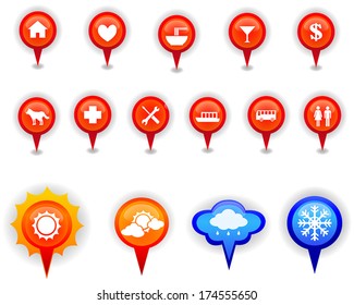 Map marker and pin icons set in isolation, create by vector