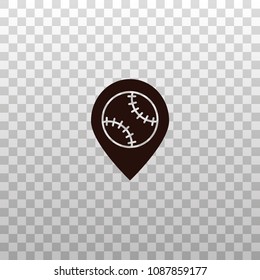 Map marker, pin, pointer with baseball - black silhouette icon on transparent background. Base ball landmark symbol.