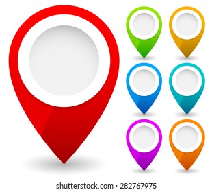 Map marker, map pin vector. Map markers with circles with blank space. 7 colors. Vector graphics.