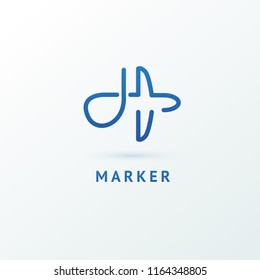 Map marker with plane icon. Vector flat style illustration Location pin navigation logo template. Logo concept of navigator, guide, airport, booking tickets, travel application.