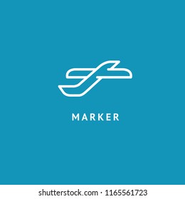 Map marker with plane icon. Vector flat style illustration Location pin navigation logo template. Logo concept of navigator, guide, airport, booking tickets, Rent a Car, travel application.