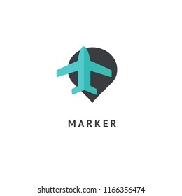 Map marker with plane icon. Vector flat style illustration Location pin navigation logo template. Logo concept of navigator, guide, airport, booking tickets, travel application.