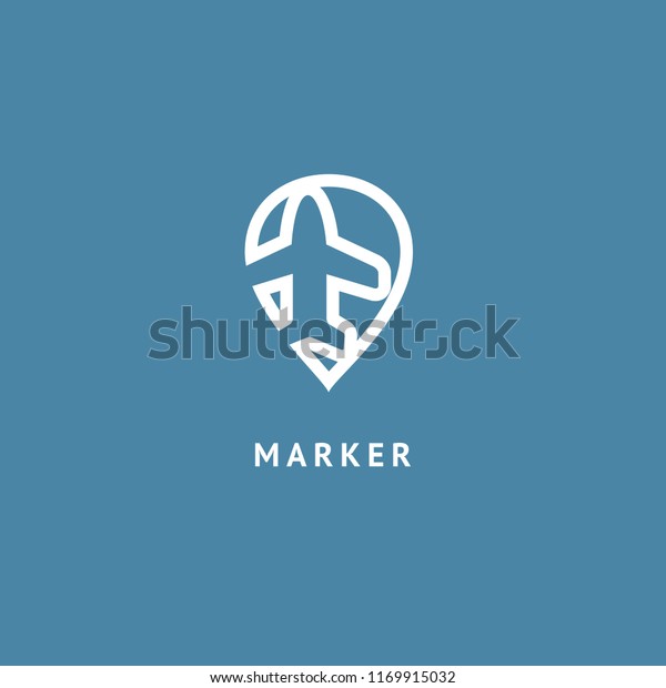 Map marker with plane icon. Vector flat\
style illustration Location pin navigation logo template. Logo\
concept of navigator, guide, airport, booking tickets, Rent a Car,\
travel application.