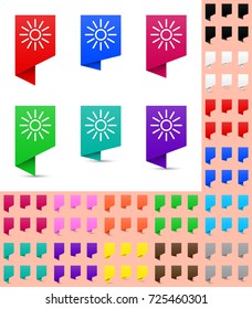 Map marker or pointer, angular marker mock up with soft gradient in different colors. Ready marker template for your various icons. Sun icon is shown as an example.